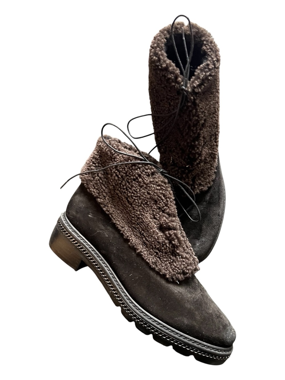 Stuart Weitzman Suede Lace-Up Shearling Boots, size 9